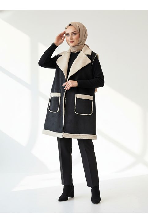 Deri Düğme Aksesuarlı Uzun Yelek-Siyah