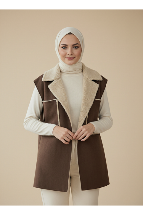 Kürklü Süet Üstten Çift Cepli Yelek-Kahve