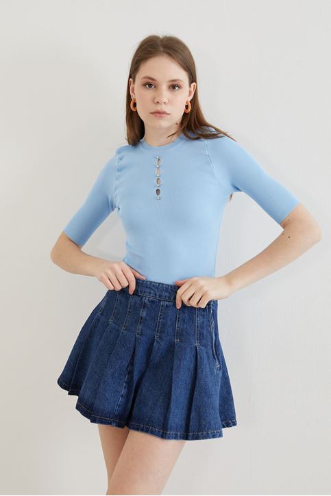 Önü Taşlı Bluz-Mavi