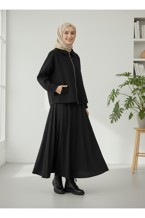 Fermuarlı Cepli Panço-Siyah