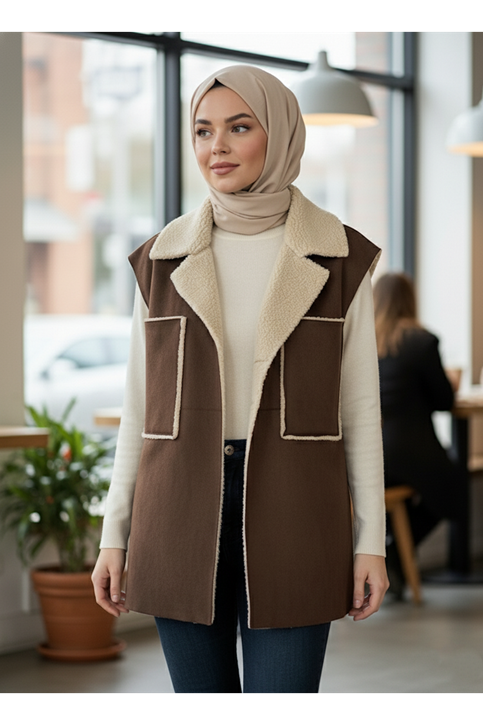 Kürklü Süet Üstten Çift Cepli Ceket-Kahve