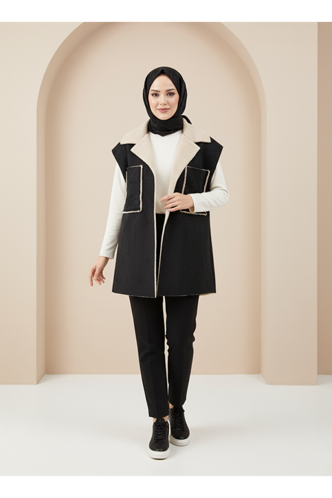 Kürklü Süet Üstten Çift Cepli Ceket-Siyah