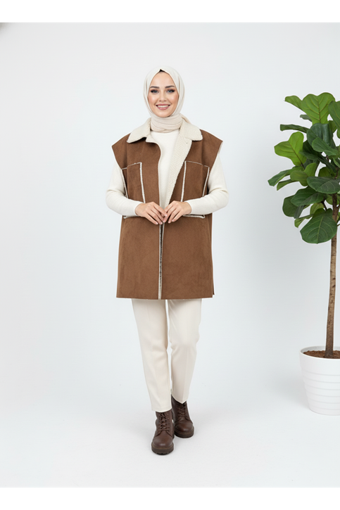 Kürklü Süet Üstten Çift Cepli Ceket-Taba