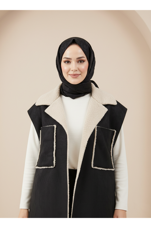 Kürklü Süet Üstten Çift Cepli Ceket-Siyah