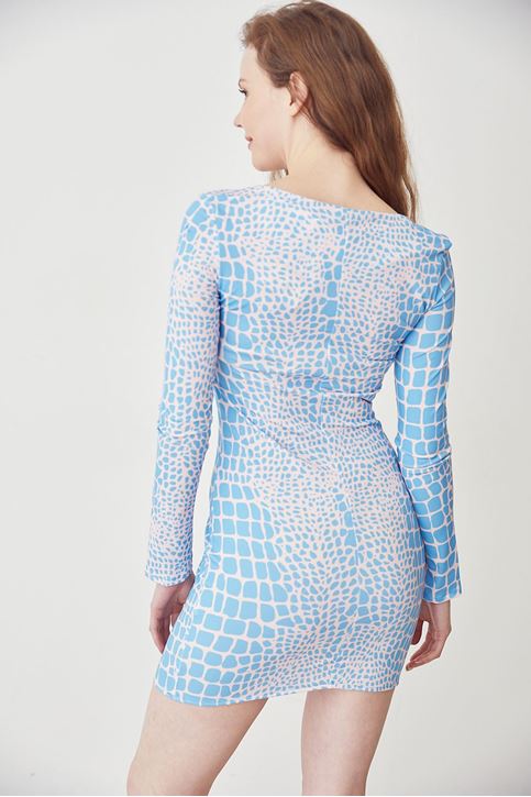 Uzun Kollu Fit Elbise-Mavi