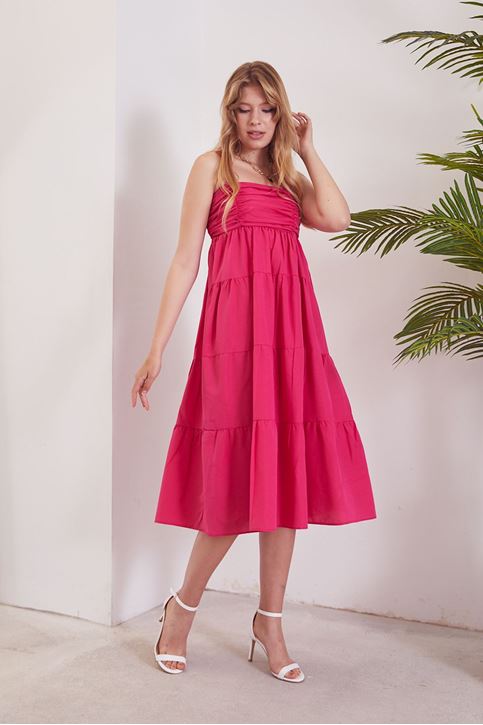 Poplin Askılı Elbise-Fuşya
