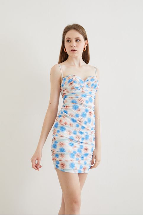 Çiçek Desen Büzgülü Elbise-Mavi