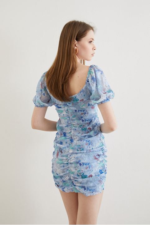 Ön Detay Desenli Elbise-Mavi