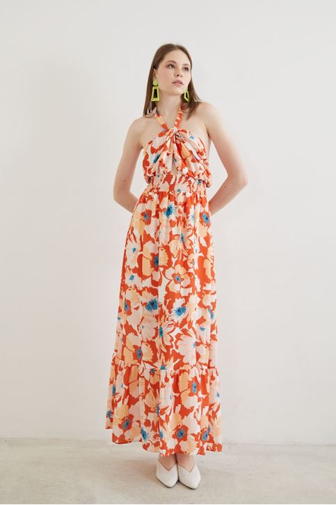 Çiçek Desen Elbise-Oranj