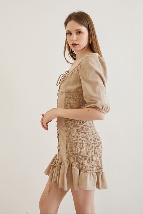 İpli Keten Elbise-Bej