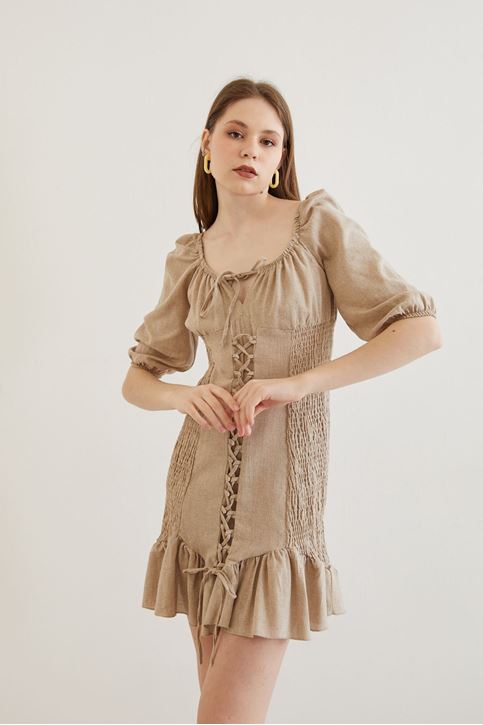 İpli Keten Elbise-Bej