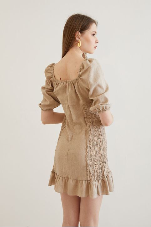 İpli Keten Elbise-Bej