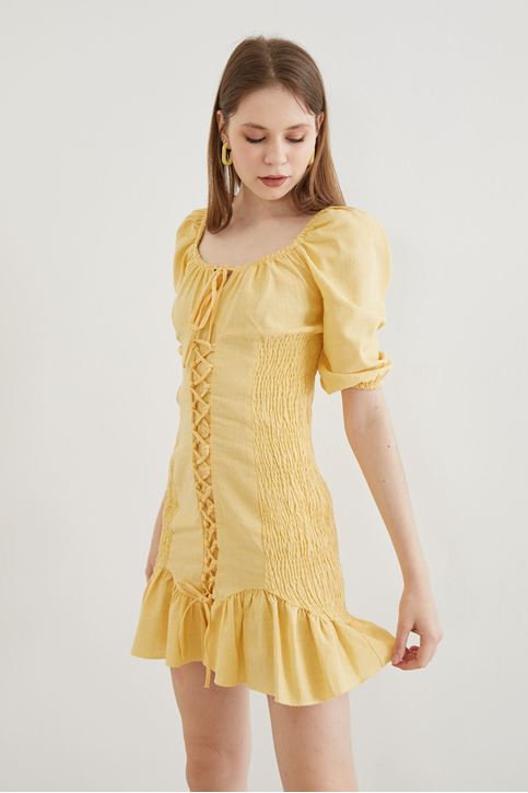 İpli Keten Elbise-Sarı