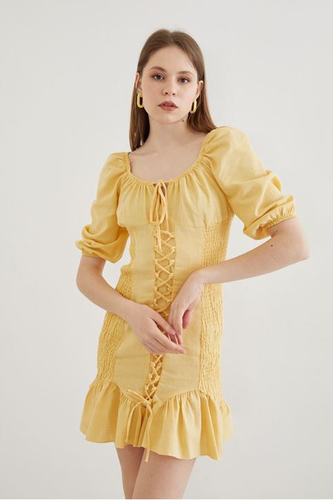 İpli Keten Elbise-Sarı