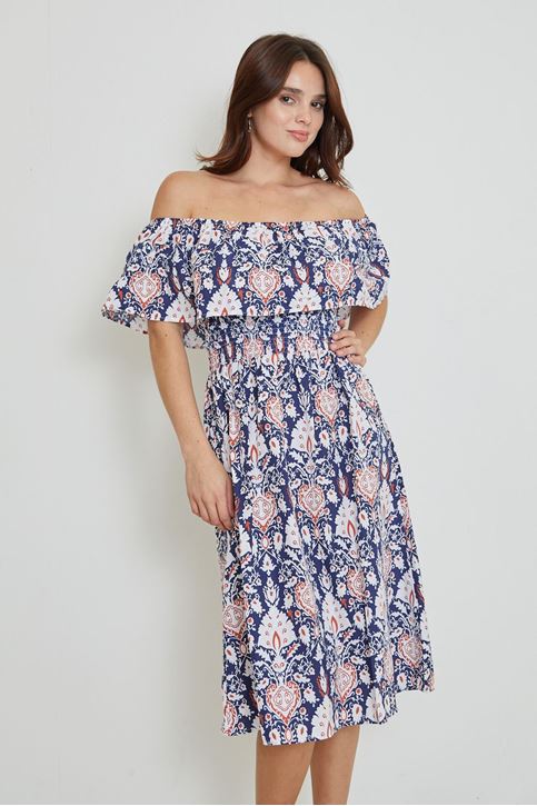 Madonna Yaka Desenli Elbise-Lacivert