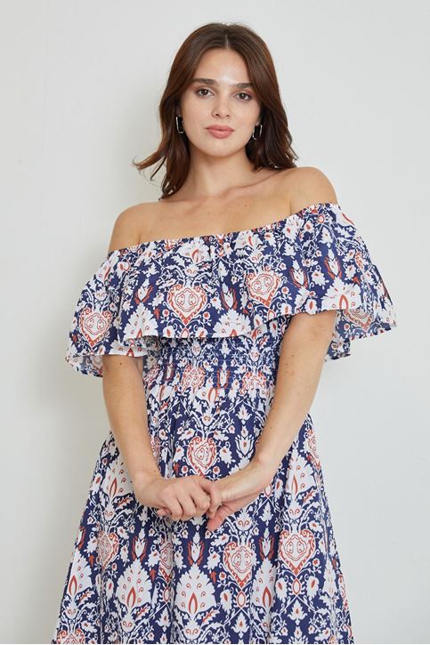 Madonna Yaka Desenli Elbise-Lacivert