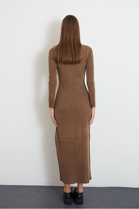 Eteği Yırtmaçlı Uzun Triko Elbise-Hardal