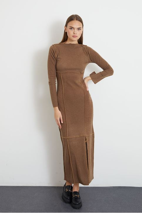 Eteği Yırtmaçlı Uzun Triko Elbise-Hardal