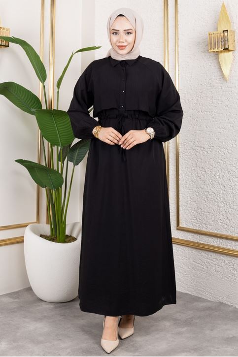 Aller Detay Beli Tünel Elbise-Siyah