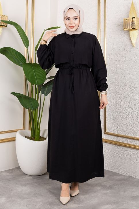 Aller Detay Beli Tünel Elbise-Siyah