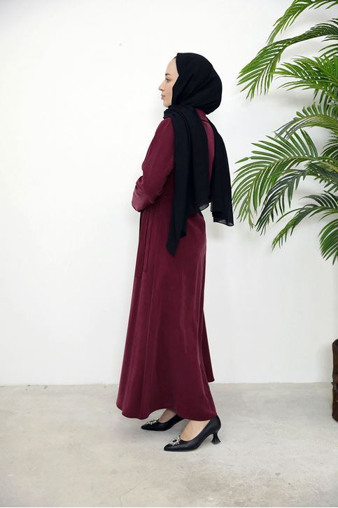 Yakalı Yandan Bağlamalı Elbise-Bordo