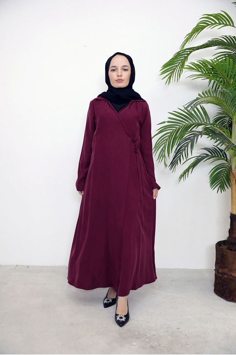 Yakalı Yandan Bağlamalı Elbise-Bordo