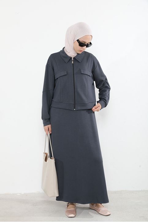 Yakalı Fermuar Detay Jileli Takım-Antrasit