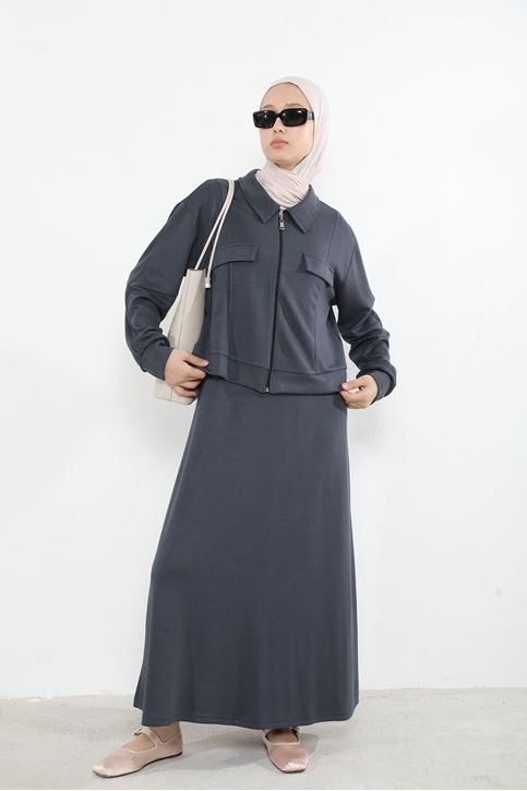 Yakalı Fermuar Detay Jileli Takım-Antrasit