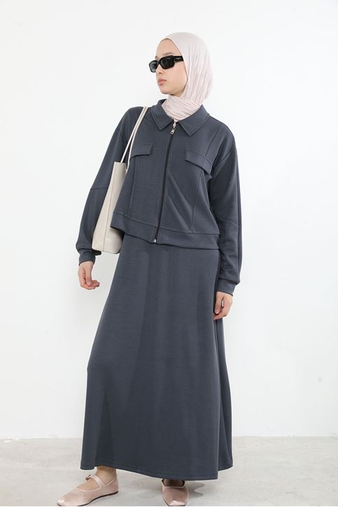 Yakalı Fermuar Detay Jileli Takım-Antrasit