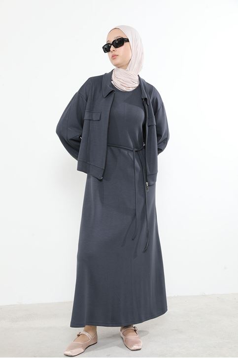 Yakalı Fermuar Detay Jileli Takım-Antrasit