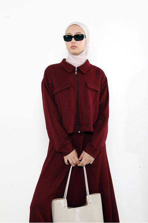 Yakalı Fermuar Detay Jileli Takım-Bordo