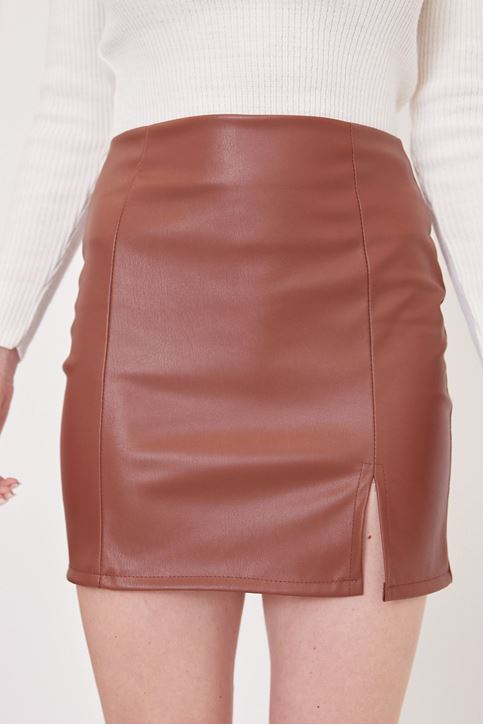 Yırtmaçlı Deri Etek-Taba