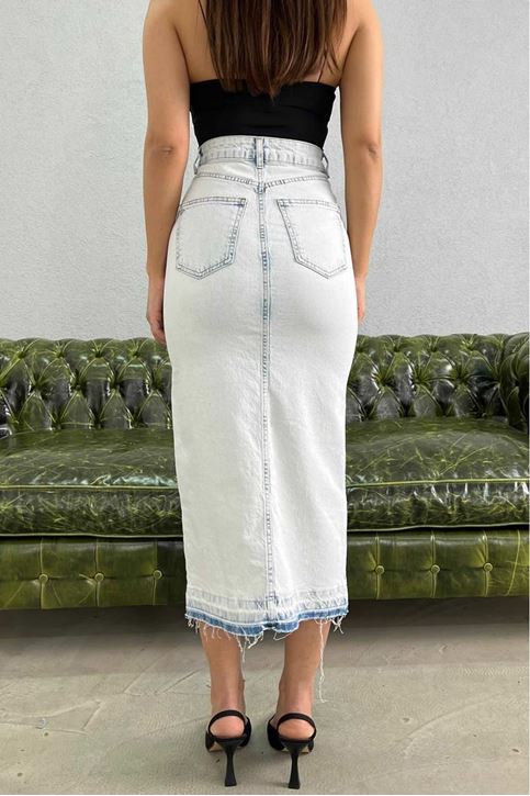 Yırtmaçlı Jean Etek-Mavi