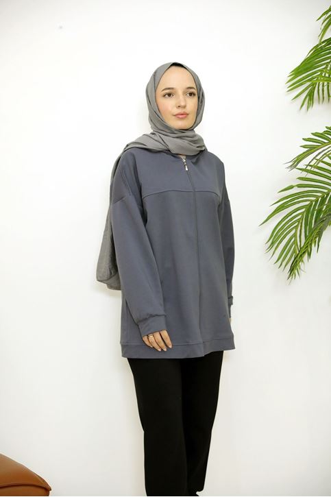 Kapşonlu Fermuar Detay Hırka-Antrasit