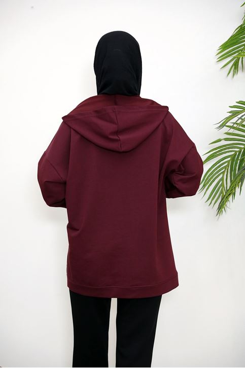 Kapşonlu Fermuar Detay Hırka-Bordo