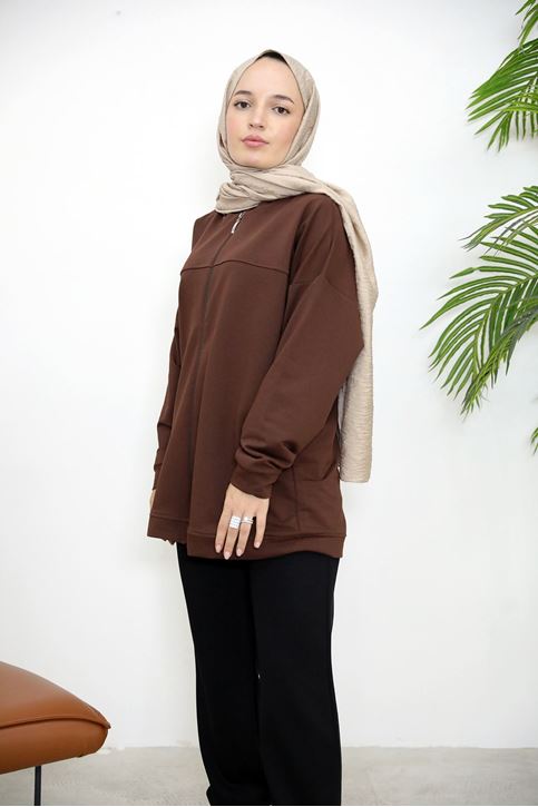 Kapşonlu Fermuar Detay Hırka-Kahve