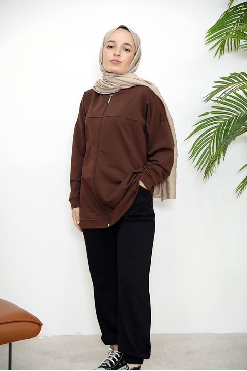 Kapşonlu Fermuar Detay Hırka-Kahve