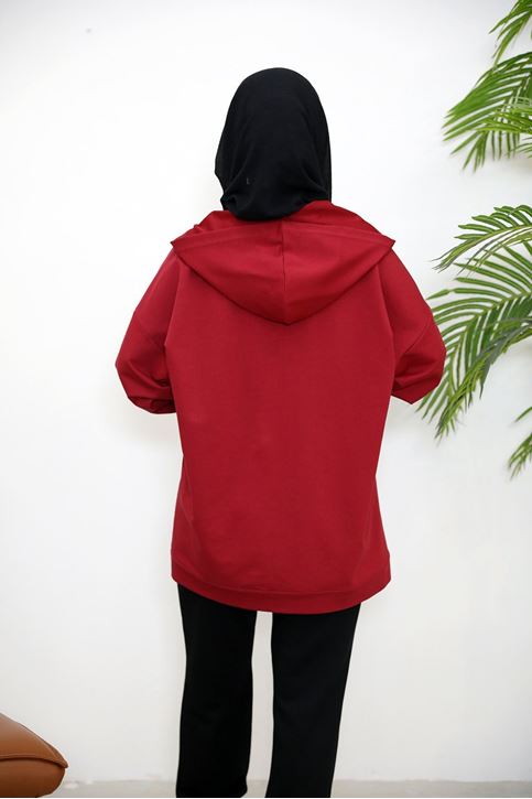 Kapşonlu Fermuar Detay Hırka-Kırmızı