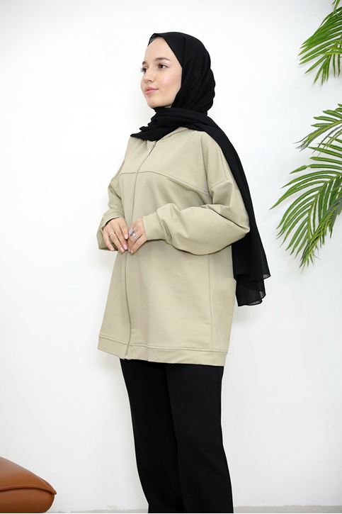 Kapşonlu Fermuar Detay Hırka-Mint