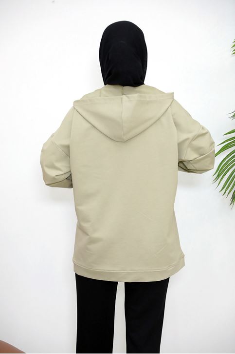 Kapşonlu Fermuar Detay Hırka-Mint