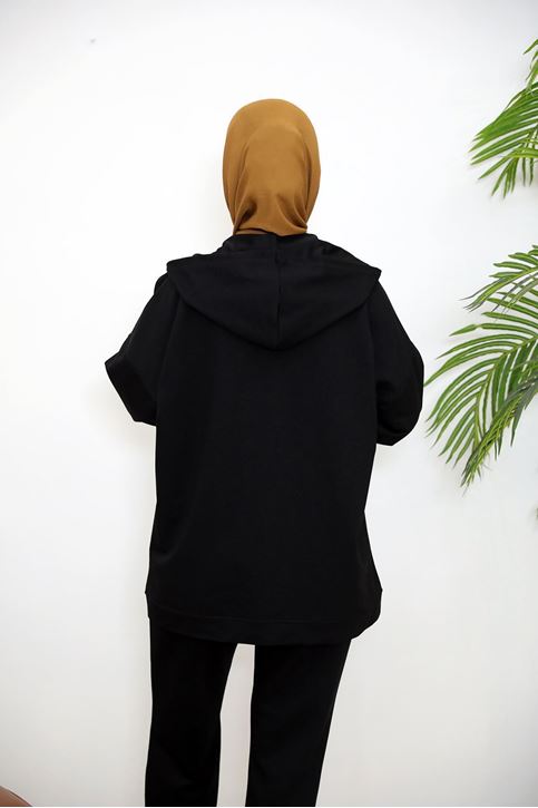 Kapşonlu Fermuar Detay Hırka-Siyah