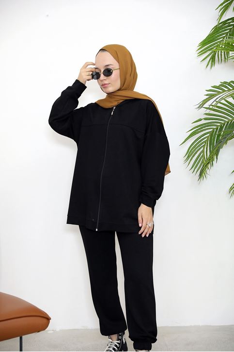 Kapşonlu Fermuar Detay Hırka-Siyah