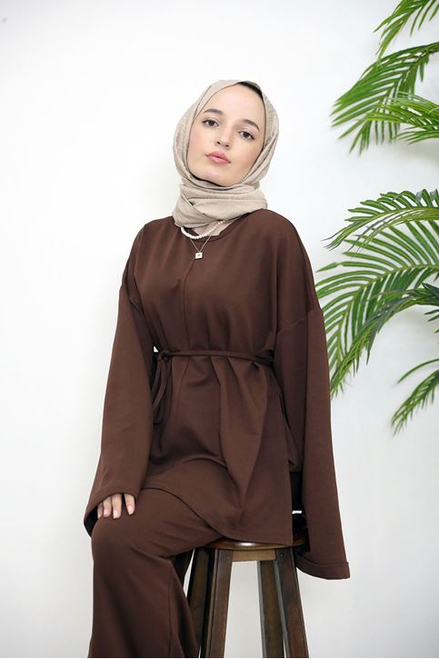 Yırtmaçlı İki İplik Pantolonlu Takım-Kahve