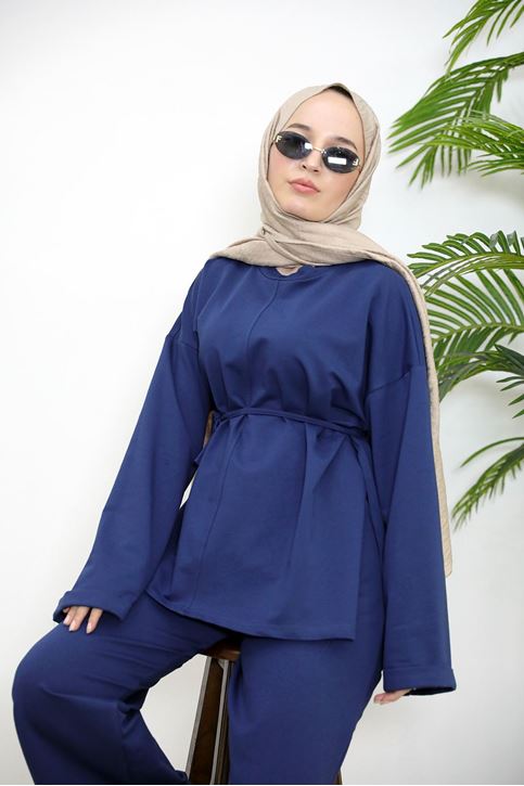 Yırtmaçlı İki İplik Pantolonlu Takım-Lacivert