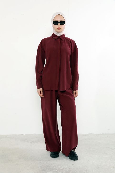 Arka Fermuar Detay Pantolonlu Takım-Bordo