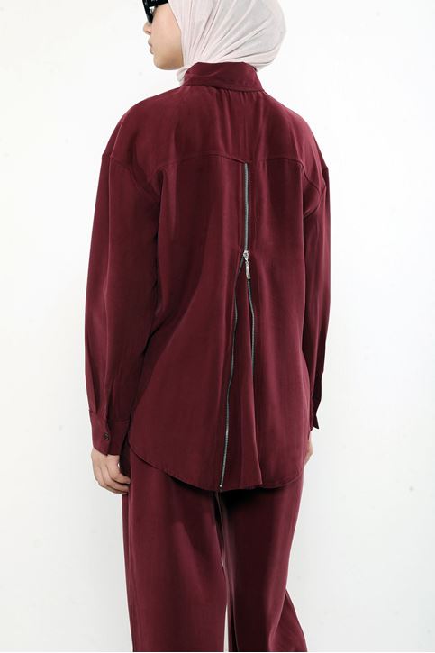 Arka Fermuar Detay Pantolonlu Takım-Bordo