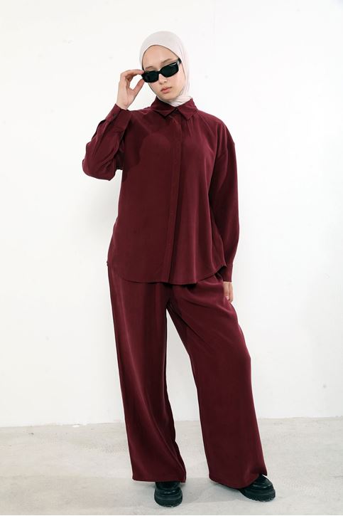 Arka Fermuar Detay Pantolonlu Takım-Bordo