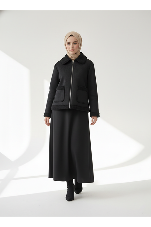 Metal Fermuar Detaylı Üstten Cepli  Kaban-Siyah