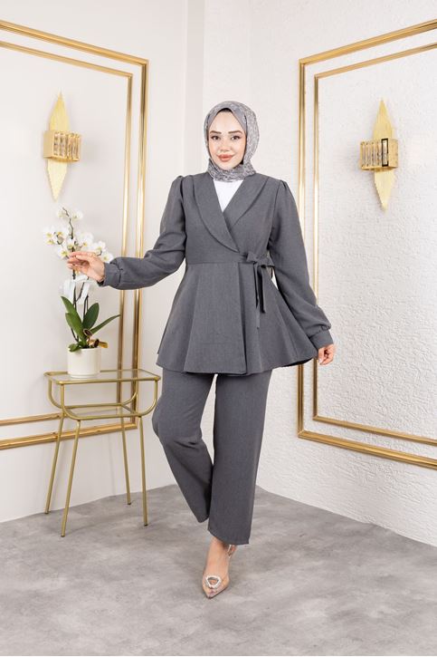 Kuşak Detay Ceketli Poliviskon Takım-Antrasit