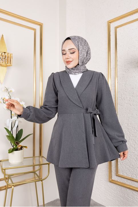 Kuşak Detay Ceketli Poliviskon Takım-Antrasit